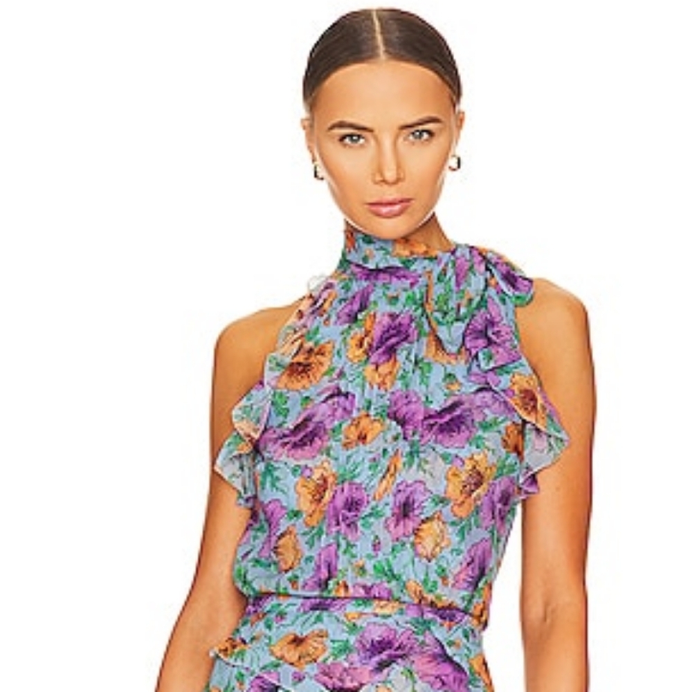 Veronica Beard Floral Print Tie Neck Blouse NWT Sz 2